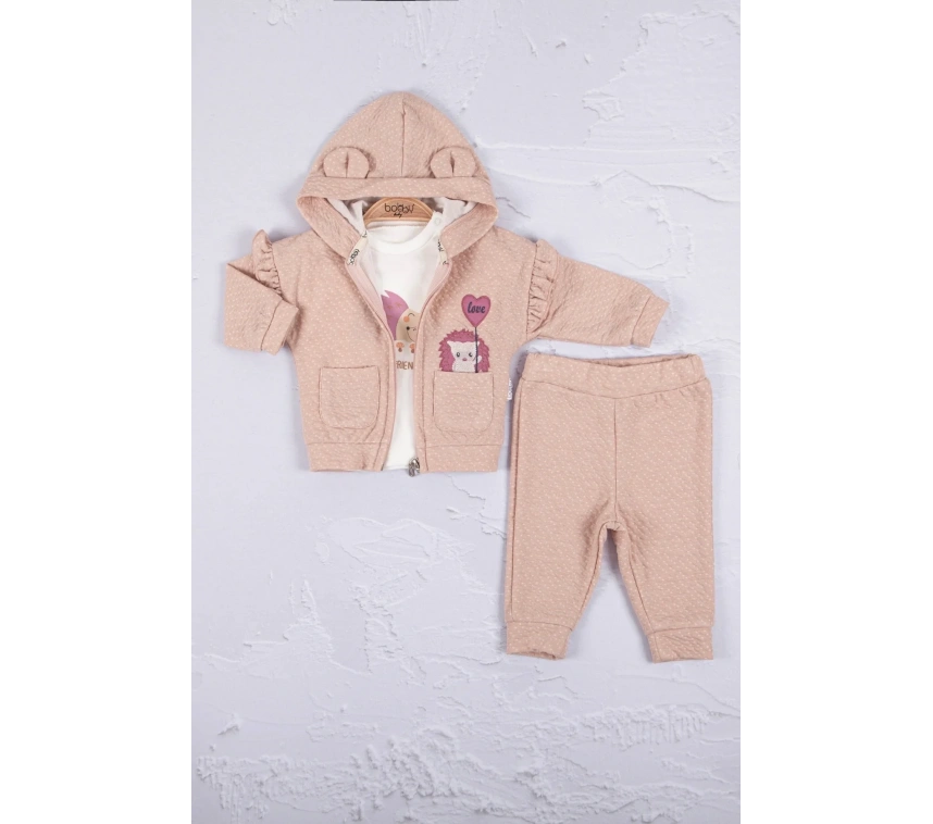 Kirpi Nakışlı % 100 Pamuk 3lü Kız Bebek Takım