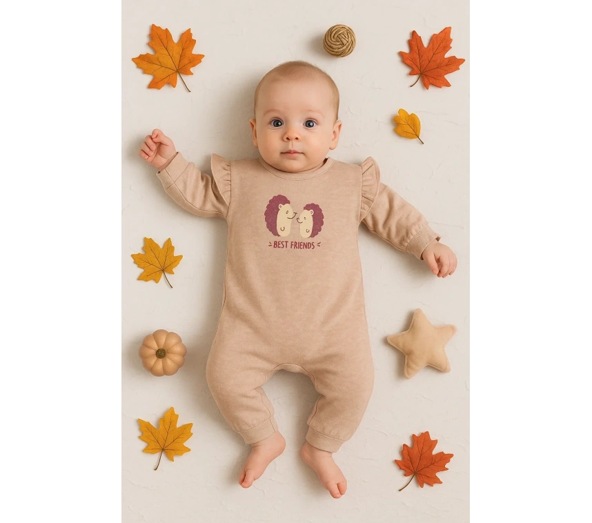 Kirpi Nakışlı % 100 Pamuk Kız Bebek Tulum