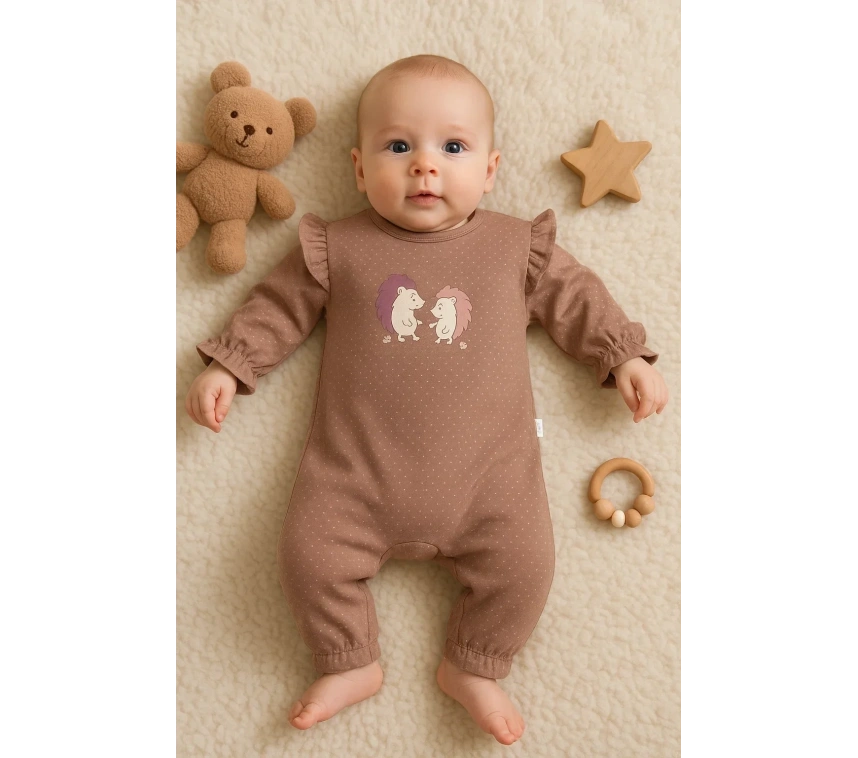 Kirpi Nakışlı % 100 Pamuk Kız Bebek Tulum