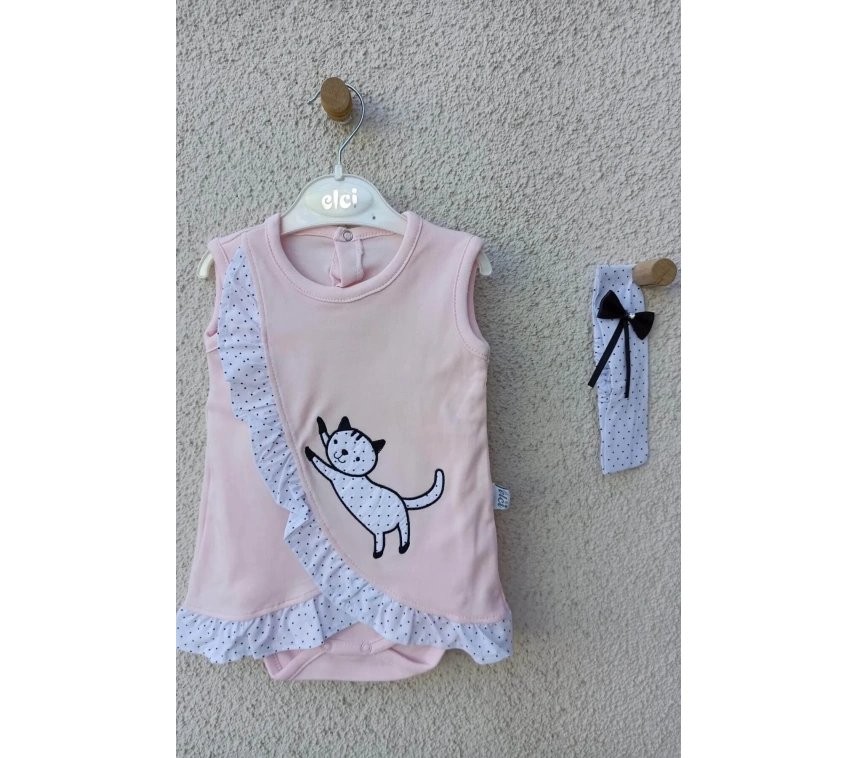 Kız Bebek Pembe Kedili Fırfırlı Bandanalı Badi
