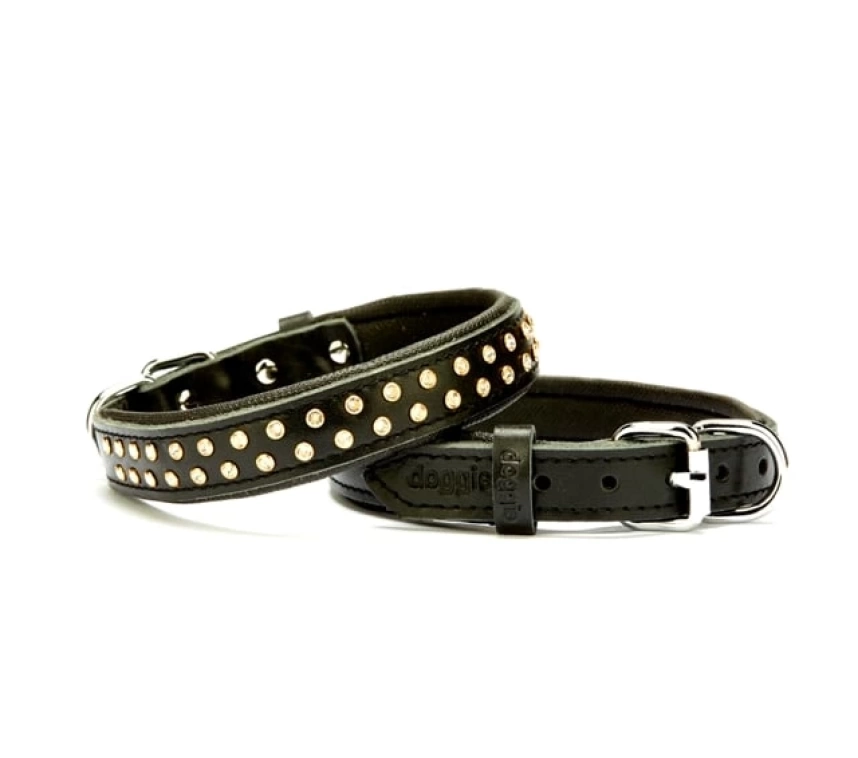 Konforlu Deri Swarovski Kristal Taşlı Köpek Boyun Tasması 2 x 28-34 cm Siyah