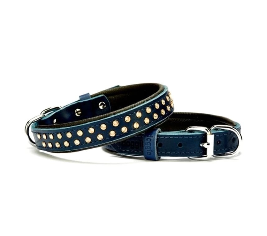 Konforlu Deri Swarovski Kristal Taşlı Köpek Boyun Tasması 2 x 32-39 cm Mavi