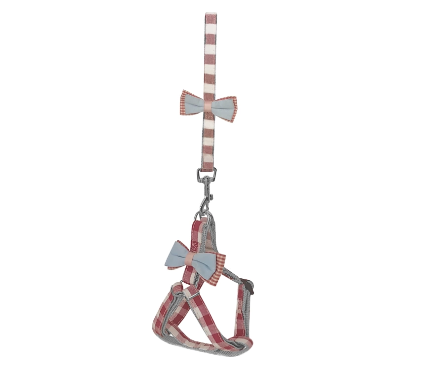 Köpek Göğüs Tasma Seti Ekose Desenli Papyonlu 1.5 cm*35-48 cm Kırmızı