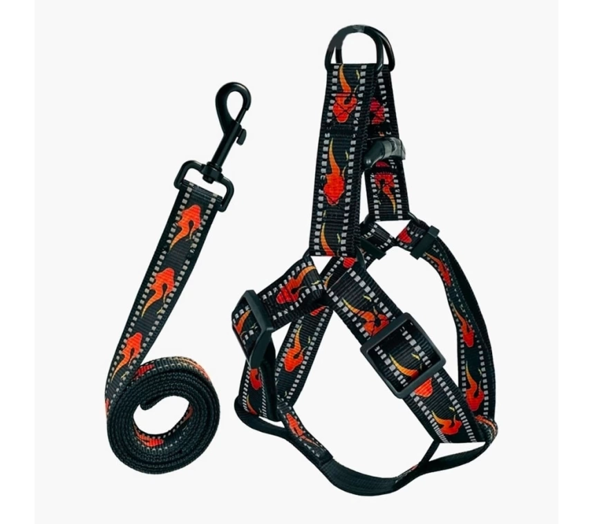 Köpek Göğüs Tasma Seti Reflektörlü Alev Desenli 120 cm-48 cm-70 cm Siyah