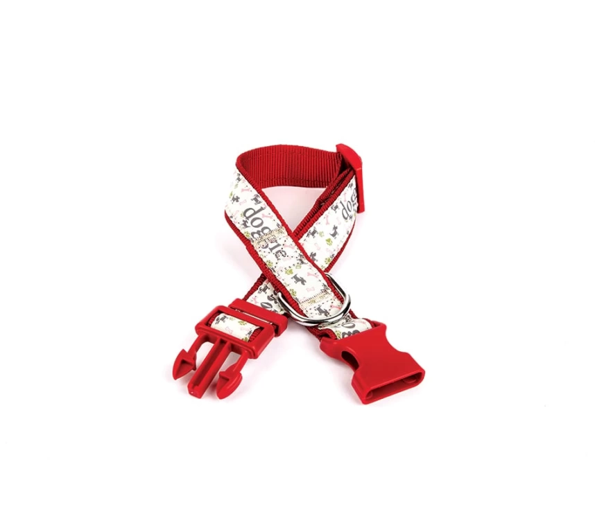 Köpek ve Pati Desenli Dokuma Köpek Boyun Tasması 3 cm x 36-60 cm Kırmızı