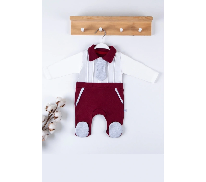 Kravat Aksesuarlı Ayaklı % 100 Pamuklu Erkek Bebek Tulumu