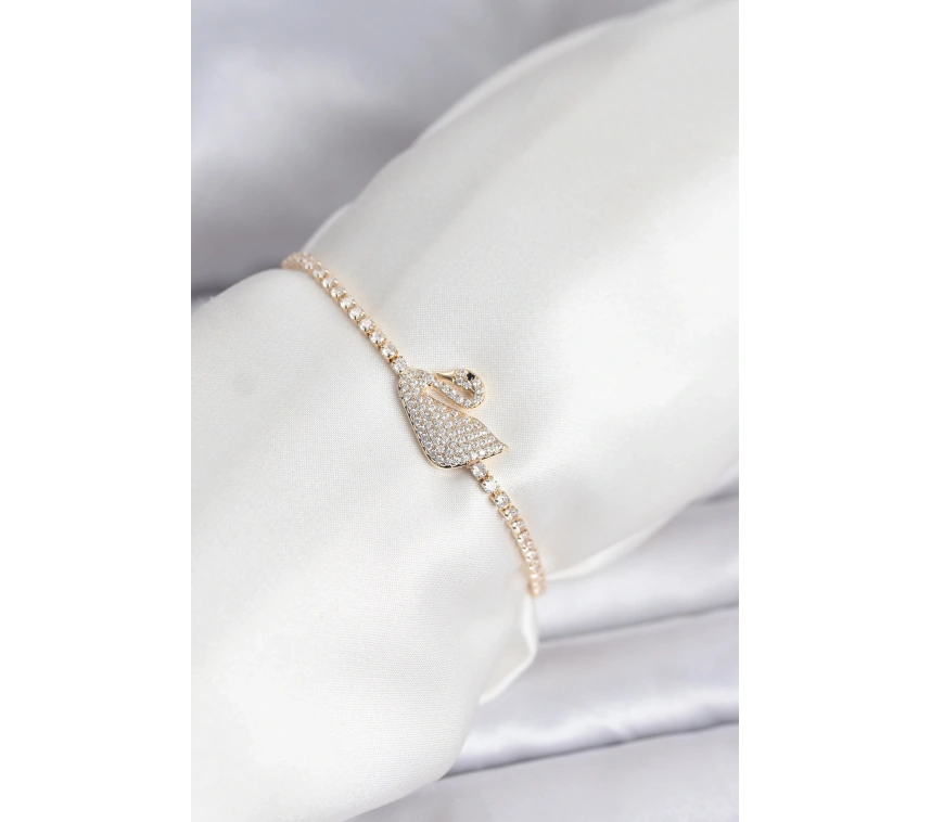 Kuğu Model Zirkon Taşlı Gold Renk Asansörlü Su Yolu Bileklik