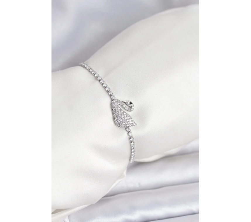 Kuğu Model Zirkon Taşlı Gümüş Renk Asansörlü Su Yolu Bileklik