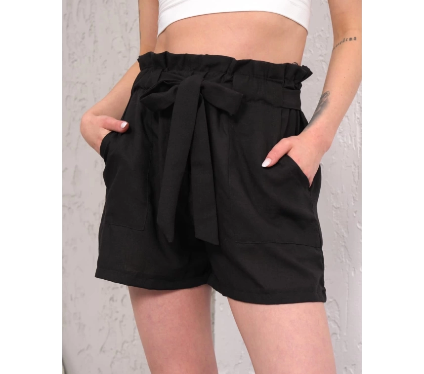 Kuşaklı keten şort siyah s255265