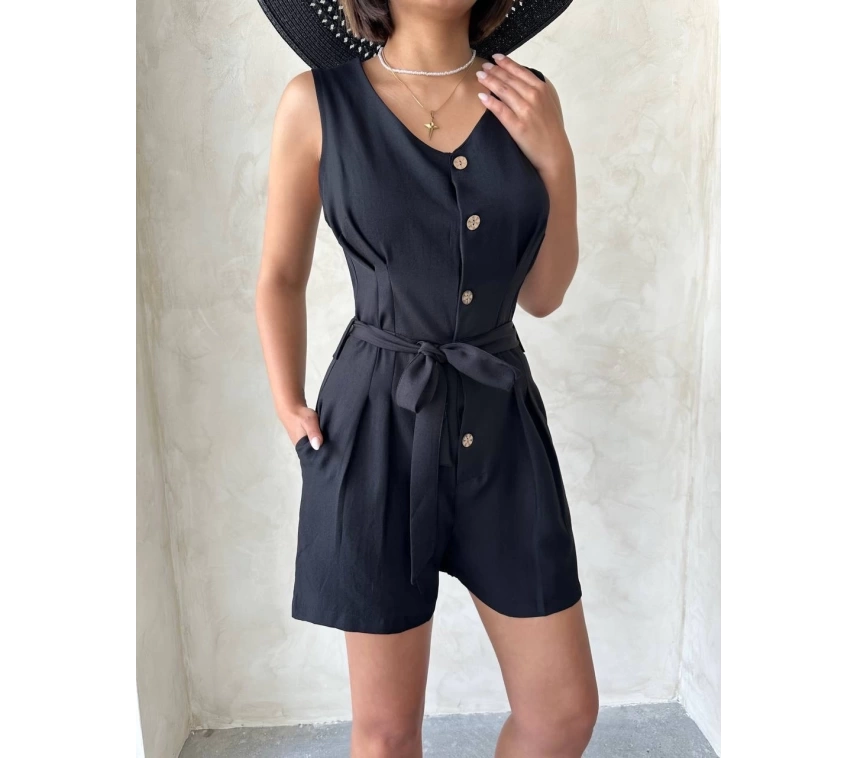 Kuşaklı şortlu tulum