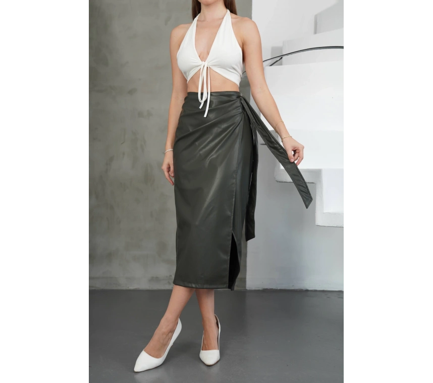 Kuşaklı uzun deri etek haki h26414