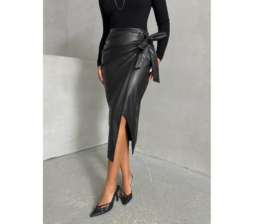 Kuşaklı uzun deri etek siyah h26414