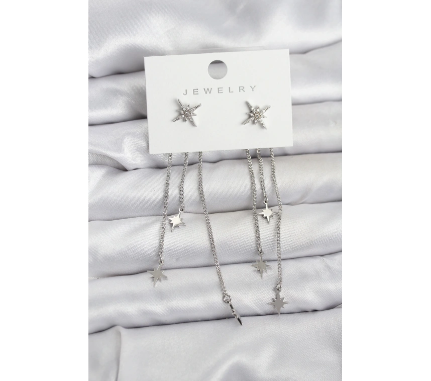 Kutup Yıldızı Model Gümüş Renk Pirinç Sallantılı Kadın Küpe