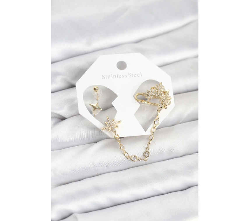 Kutup Yıldızı Model Pirinç Gold Renk Zincir Bağlantılı Ear Cuff Küpe Seti