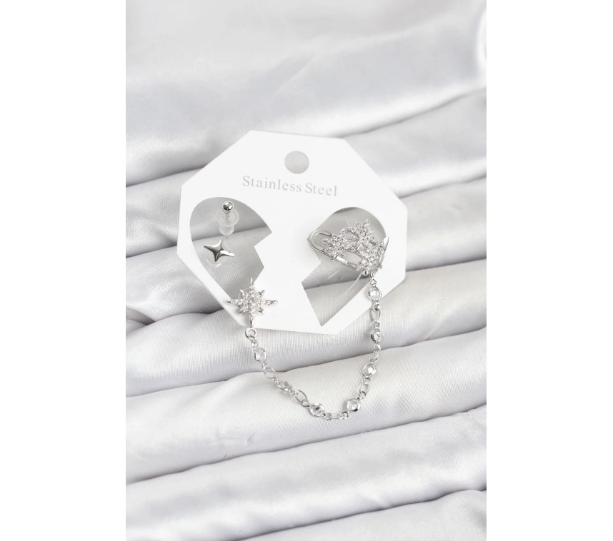 Kutup Yıldızı Model Pirinç Gümüş Renk Zincir Bağlantılı Ear Cuff Küpe Seti