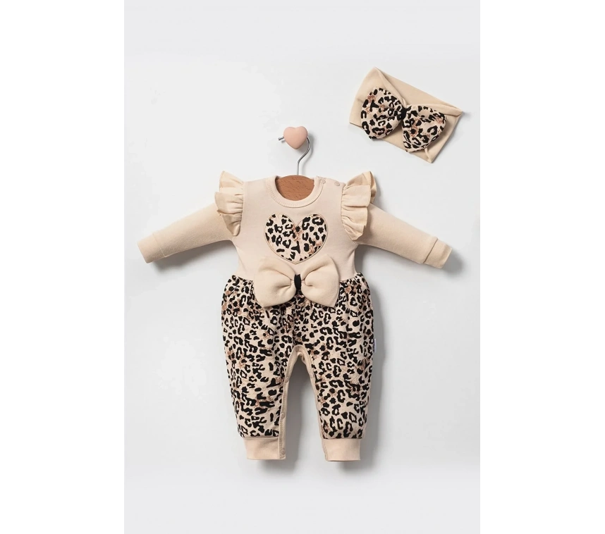 Leopar Desenli Fiyonklu % 100 Pamuk Kız Bebek Tulum