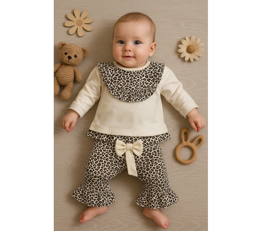 Leopar Detaylı 2li Kız Bebek Takım %100 Pamuk