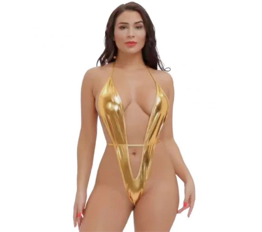 Lesca Büyük Beden Fantezi Altın Parlak Bodysouit