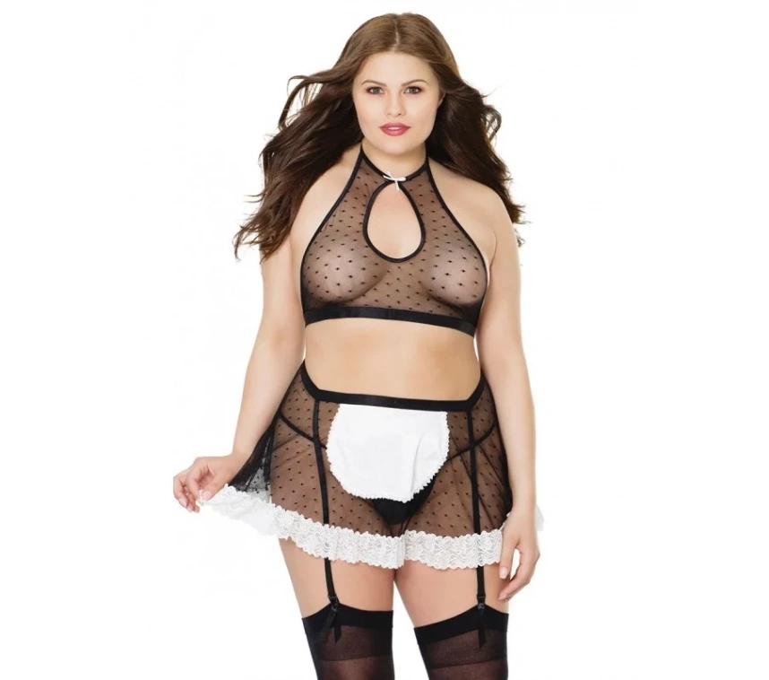 Lesca Büyük Beden Fantezi Seksi Jartiyerli Hizmetçi Kostüm