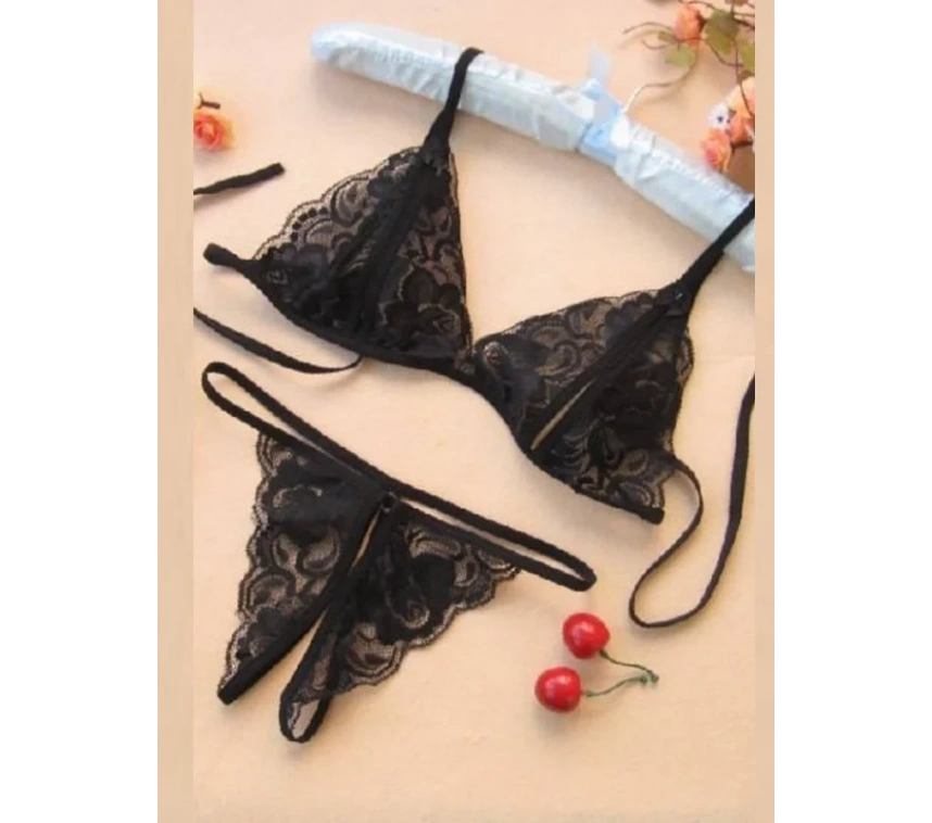 Lesca Büyük Beden Fantezi Siyah Dantelli Seksi Sütyen Külot Takım
