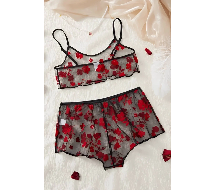 Lesca Çiçek Desenli Siyah Transparan Şortlu Gecelik Tm1377