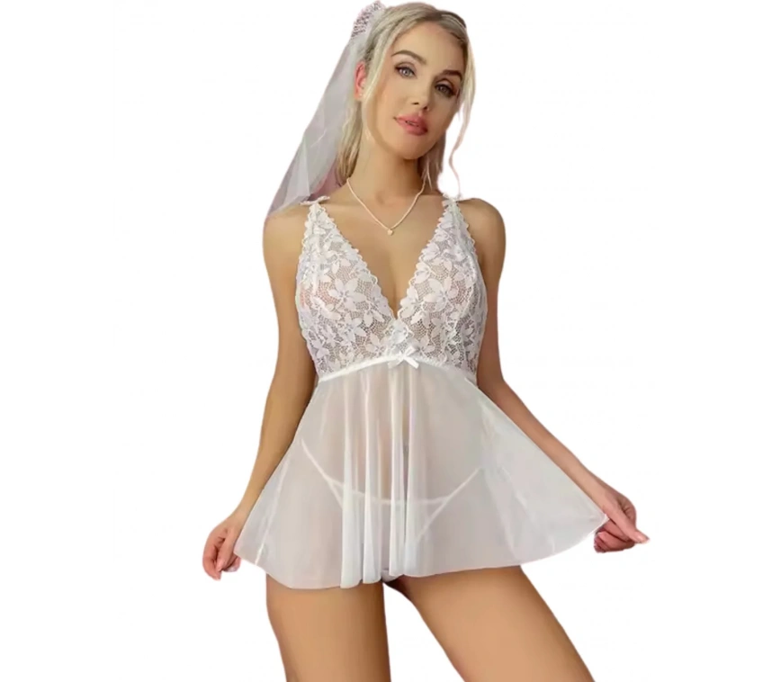 Lesca Fantezi Beyaz Dantelli Transparan Tül Etekli Seksi Elbise Gecelik