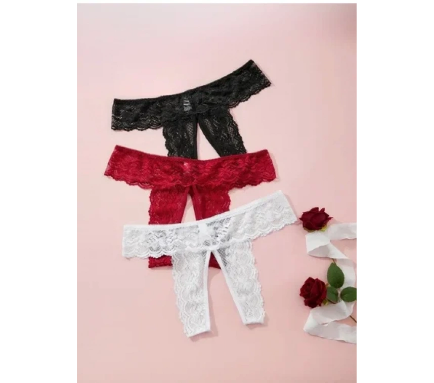 Lesca Fantezi Kadın 3lü Özel Bölgeleri Açık Dantelli Tanga Seti