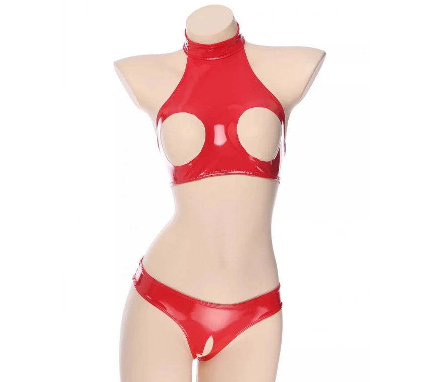 Lesca Fantezi Seksi Özel Bölgeleri Açık Kırmızı Lame Gecelik