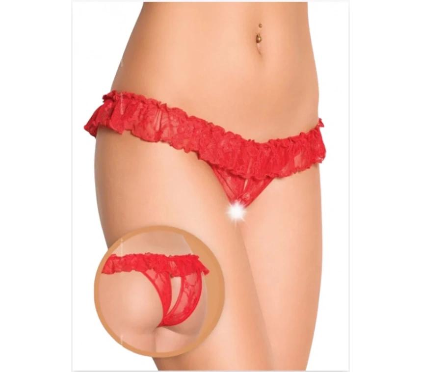 Lesca Fantezi Üstü Fırfırlı Ağı Açık Kırmızı Dantel Tanga - String