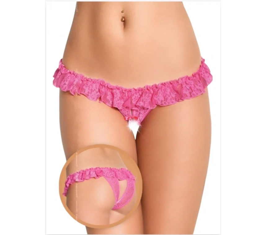 Lesca Fantezi Üstü Fırfırlı Ağı Açık Pembe Dantel Tanga - String