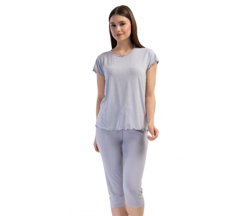 Likralı Viskon V Yaka Kısa Kol Eteği Oval Kapri Ta