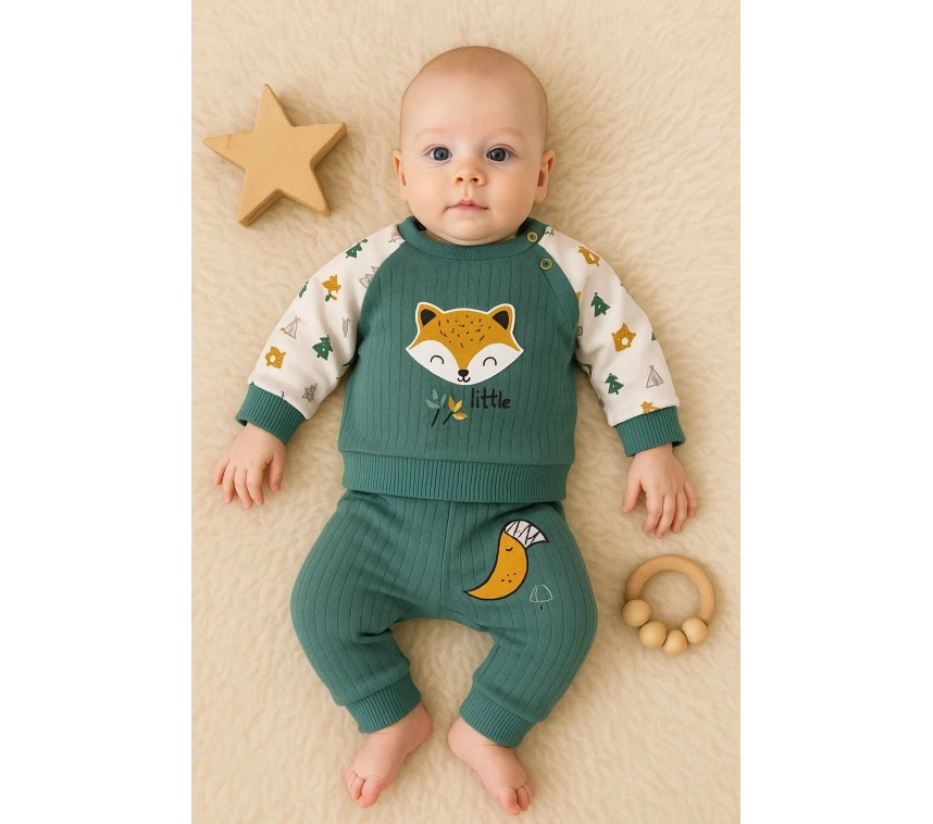 Littie Fox Nakışlı % 100 Pamuklu 2li Erkek Takım