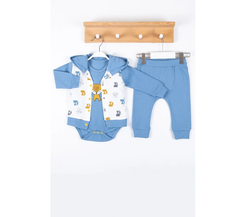 Littie Nakışlı % 100 Pamuk Hırkalı 3lü Erkek Takım