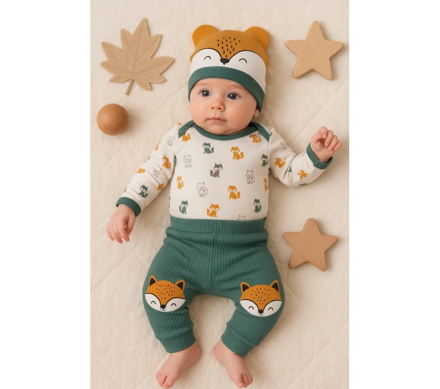 Little Fox Desenli 3lü % 100 Pamuklu Erkek Takım