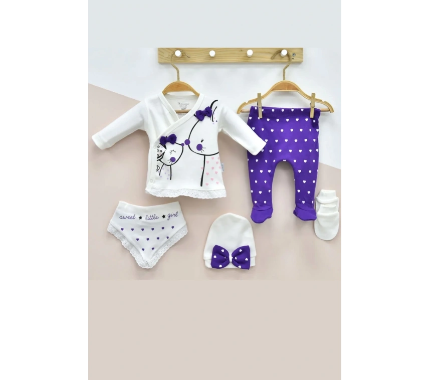 Little Mause Desenli % 100 Pamuk 5li Kız Bebek Hastane Çıkış Seti