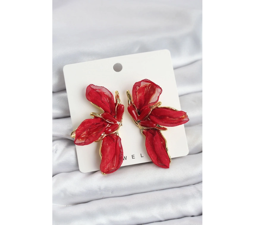 Lotus Model Kırmızı Renk Tüllü Kadın Küpe