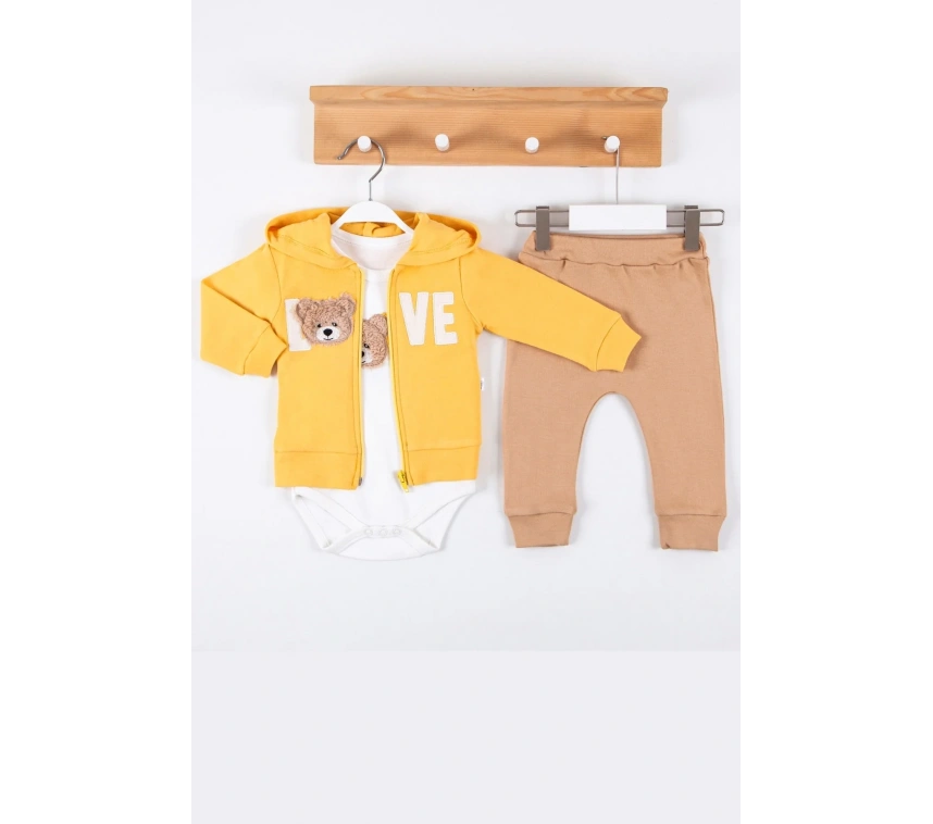 Love Bear Nakışlı % 100 Pamuk Hırkalı 3lü Erkek Takım