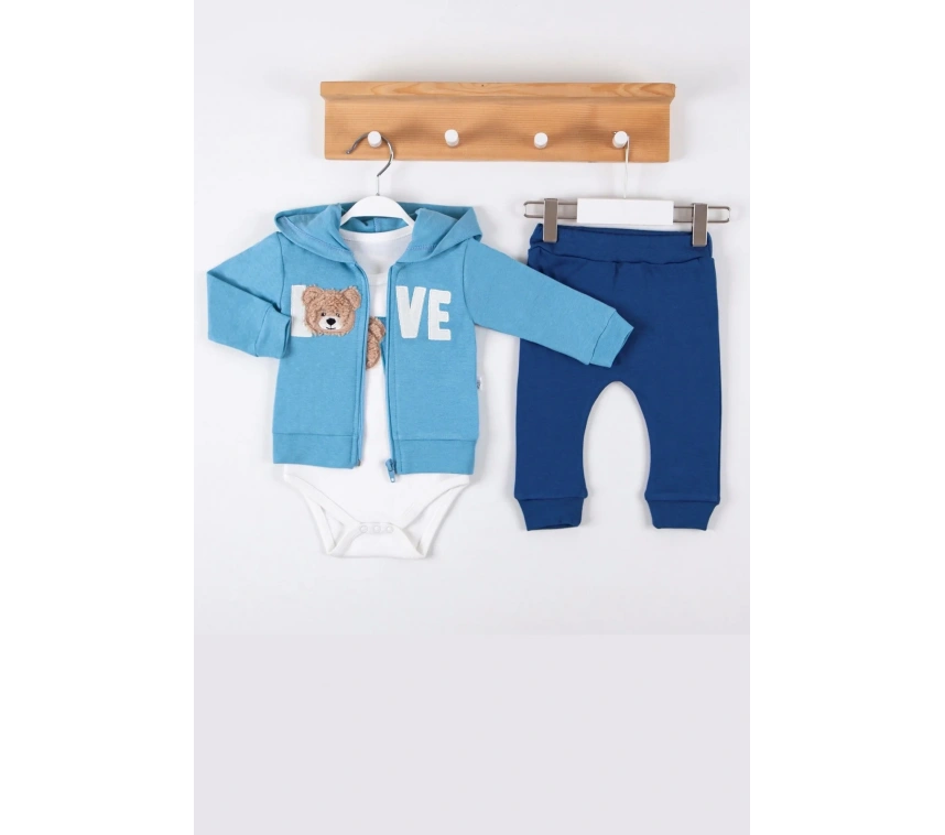 Love Bear Nakışlı % 100 Pamuk Hırkalı 3lü Erkek Takım