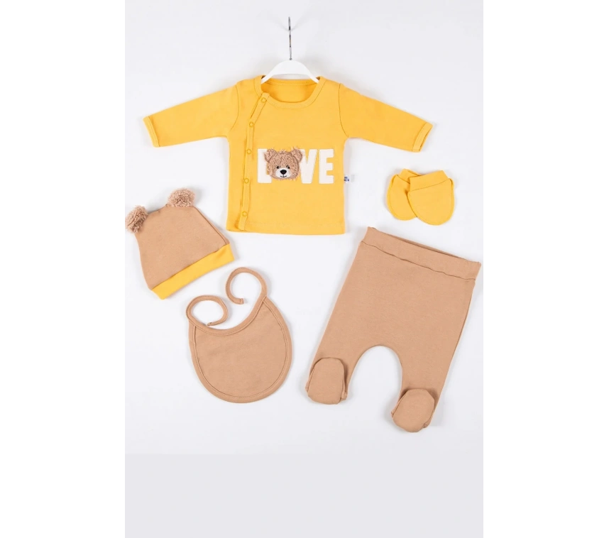 Love Bear Nakışlı 5li % 100 Pamuk Erkek Bebek Hastane Çıkış Seti