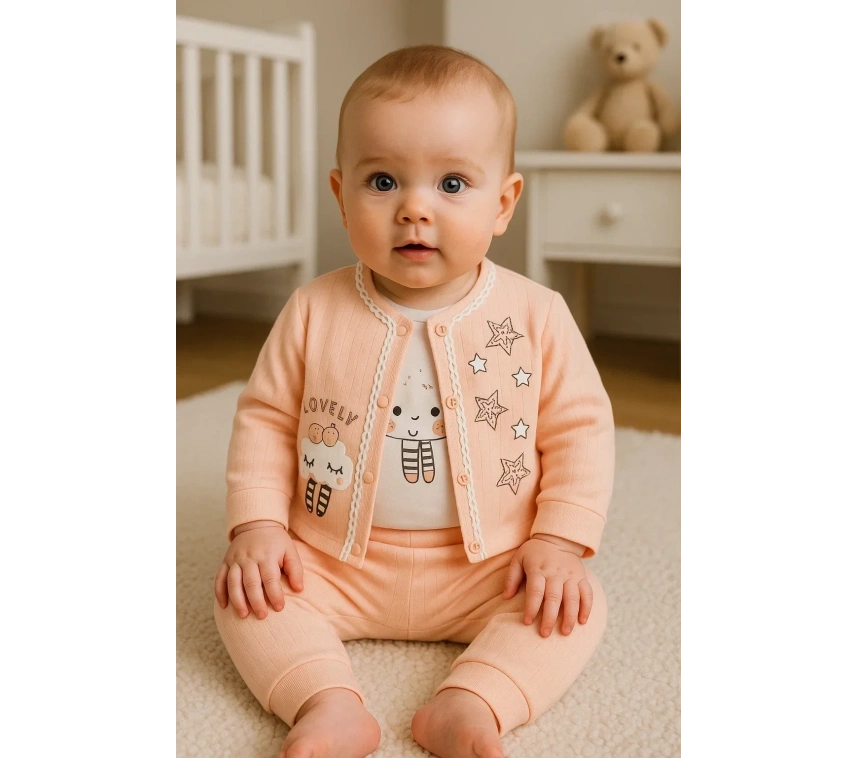 Lovely Yıldız Desenli 3lü Hırkalı Kız Bebek Takım