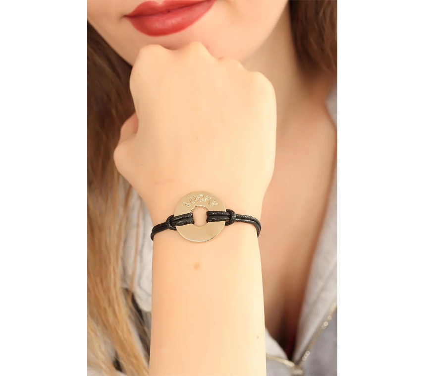 LUCKY (Şanslı) Siyah Deri İpli Unisex Mood Bileklik