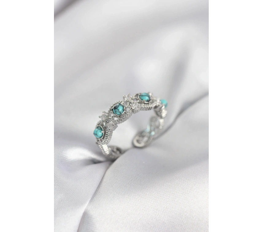 Mavi Taşlı Gümüş Renk Vintage Kadın Yüzük