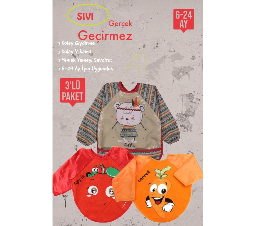 Meyve Figürlü Sıvı Geçirmez 3lü Paket Uzun Kollu Mama Önlüğü