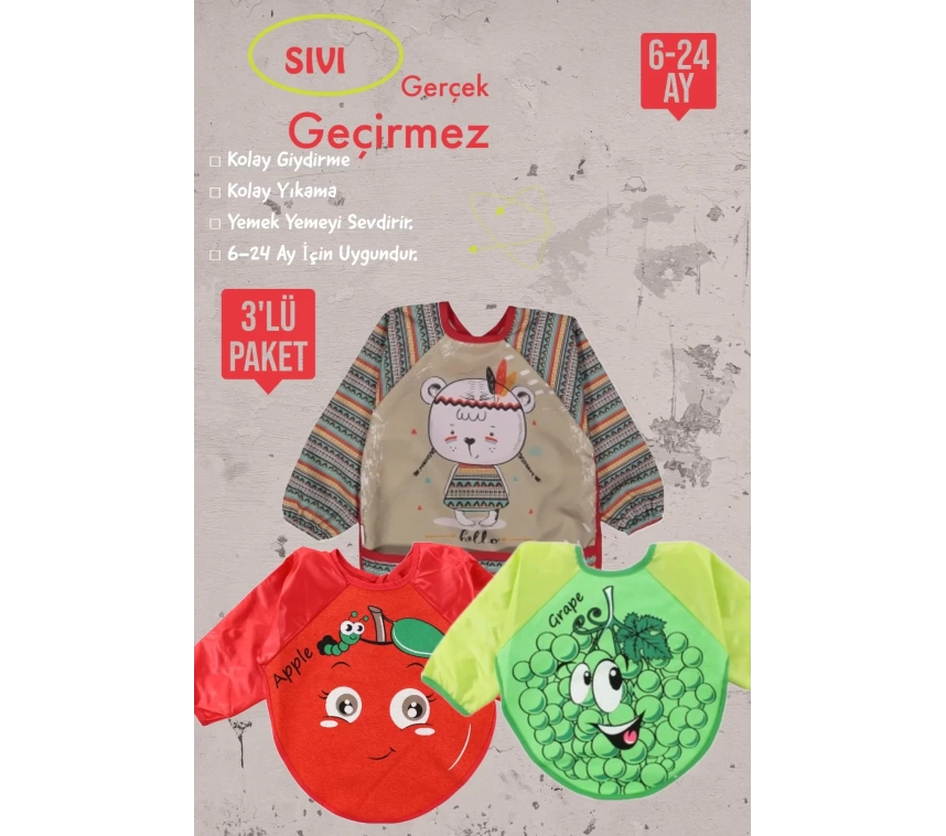 Meyve Figürlü Sıvı Geçirmez 3lü Paket Uzun Kollu Mama Önlüğü