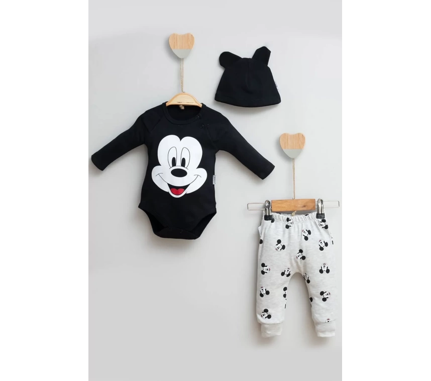 Mickey Desenli Şapkalı 3lü Erkek Bebek Takımı