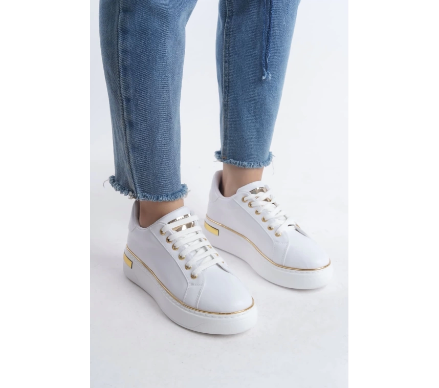MINA Bağcıklı Ortopedik Taban Kadın Sneaker Spor Ayakkabı  BT - Beyaz/Altın