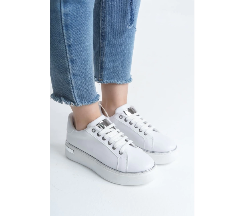MINA Bağcıklı Ortopedik Taban Kadın Sneaker Spor Ayakkabı  BT - Beyaz/Gümüş