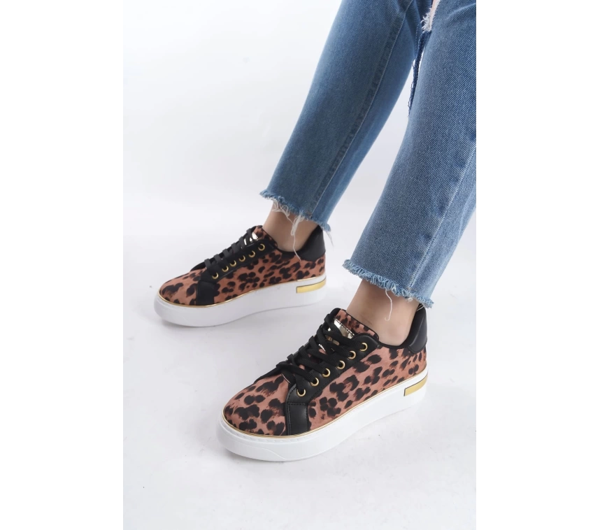 MINA Bağcıklı Ortopedik Taban Leopar Desenli Kadın Sneaker Spor Ayakkabı  BT - Kahverengi