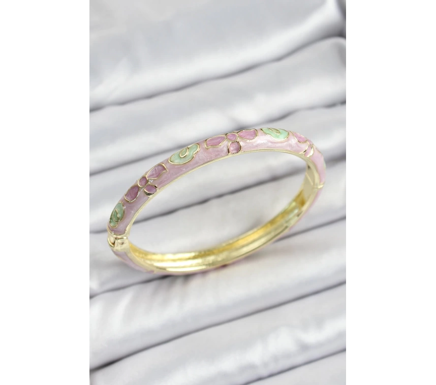 Mineli Gold Renk Pirinç Pembe Çiçek Desenli Kadın Kelepçe