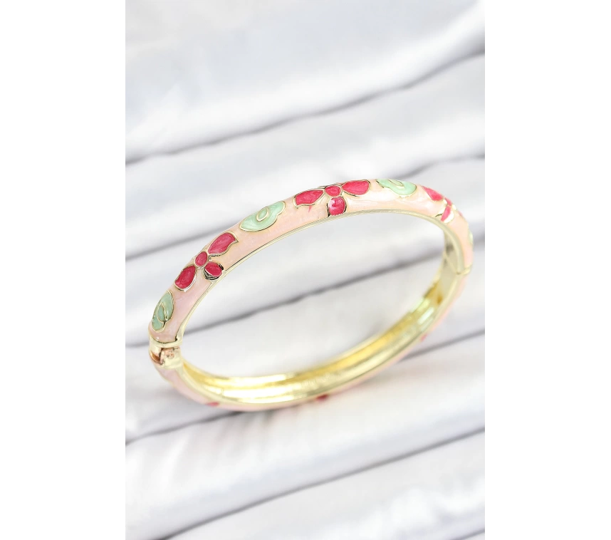 Mineli Pirinç Beyaz Pembe Yeşil Çiçek Desenli Gold Renk Kadın Kelepçe